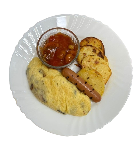 Mushroom Omelette, Vegetarian Sausage, Mushroom Ragout & Saute Potatoes