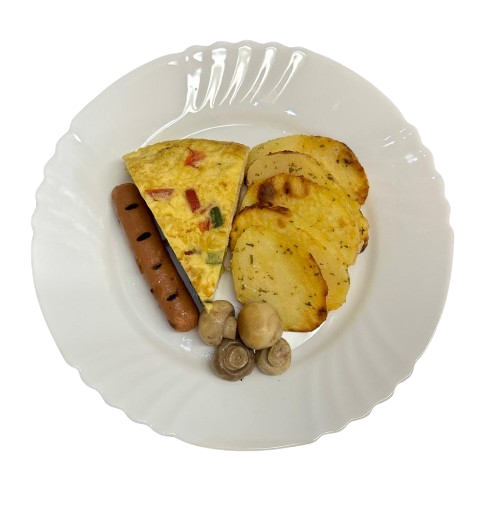 Pepper Frittata, Vegetarian Sausage, Saute Mushrooms & Saute Potatoes