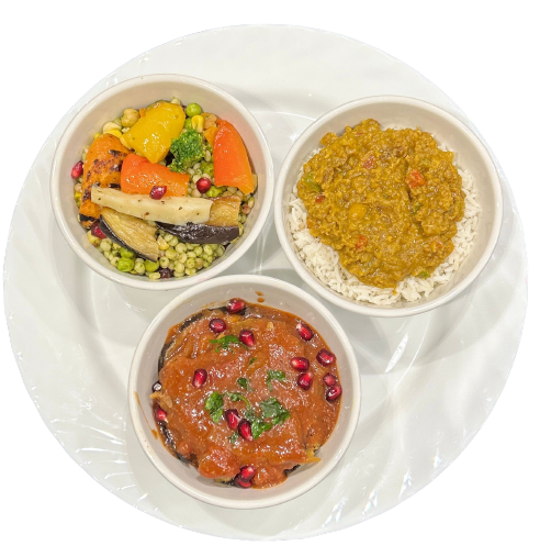 Vegetable Moussaka, Vegetarian Dhal on bed of Rice & Grilled Mediterranean Vegetable on bed of Couscous