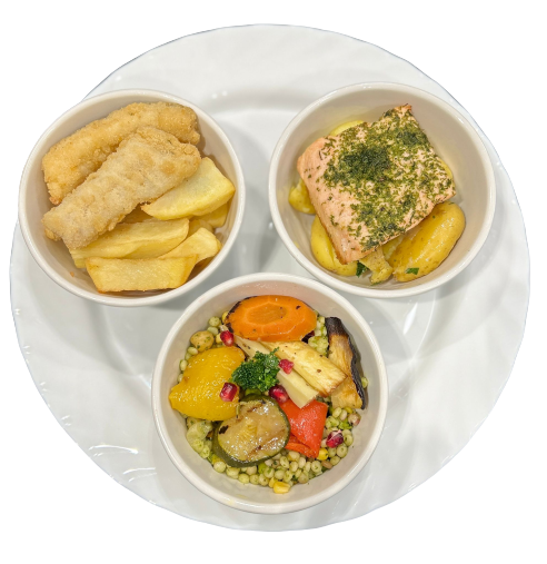 Grilled Salmon on bed of New potatoes, Fried Haddock Goujons on bed of Fat chips & Grilled Mediterranean Vegetables on bed of Couscous