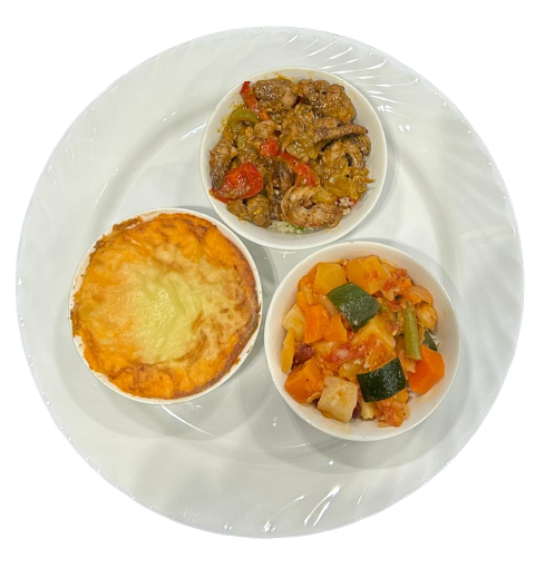 Shepherds Pie, Moroccan chicken on bed of Couscous &  Vegetable Casserole on bed of Rice