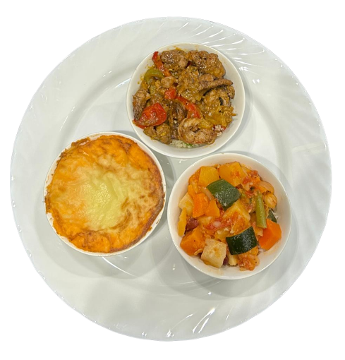 Shepherds Pie, Moroccan chicken on bed of Couscous & Vegetable Casserole on bed of Rice