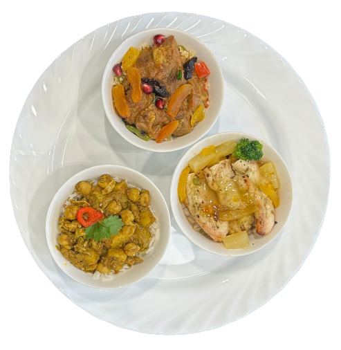 Grilled Chicken strips on bed of Barley, Lamb Tagine on bed of Couscous & Potato & Chickpea Curry