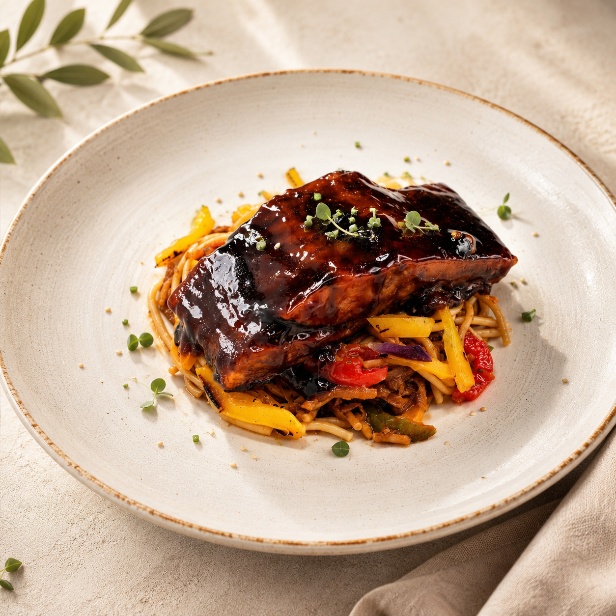 Teriyaki Salmon served on a bed of Oriental Noodles with Mango Tapenade in ramekin
