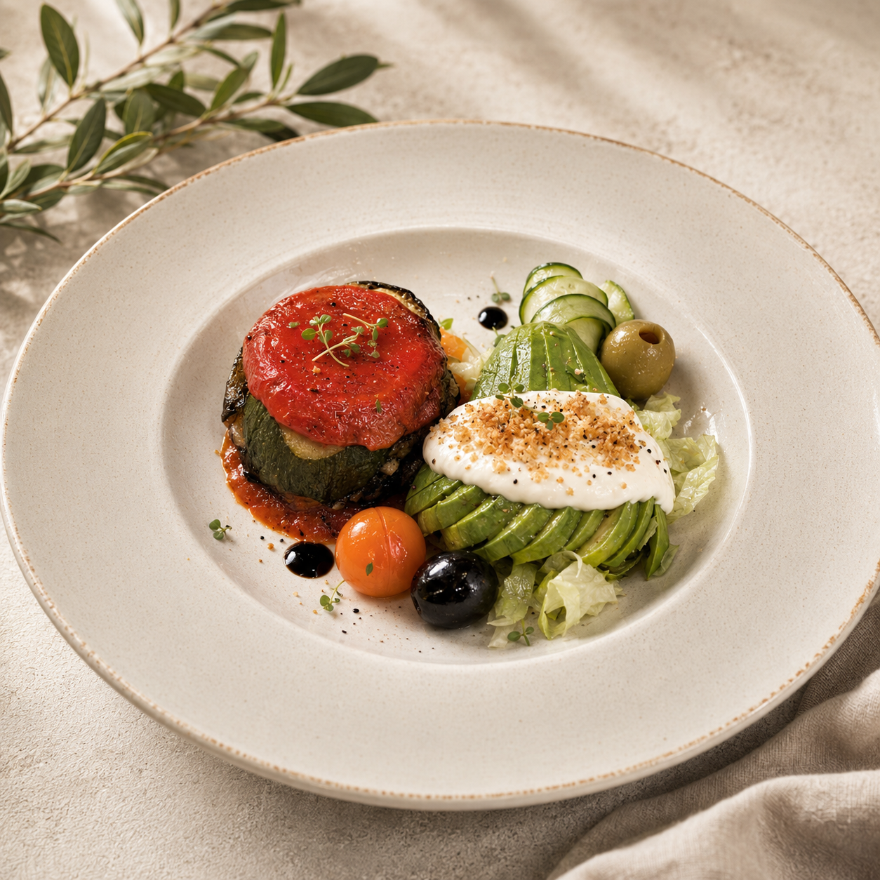 Tower of Grilled Mediterranean Vegetables On a Bed of Red Pepper Coulis with Fanned Avocado served with a Mixed Leaf & Sun Blushed Tomato Salad with Balsamic Vinegar and Herb Mayonnaise