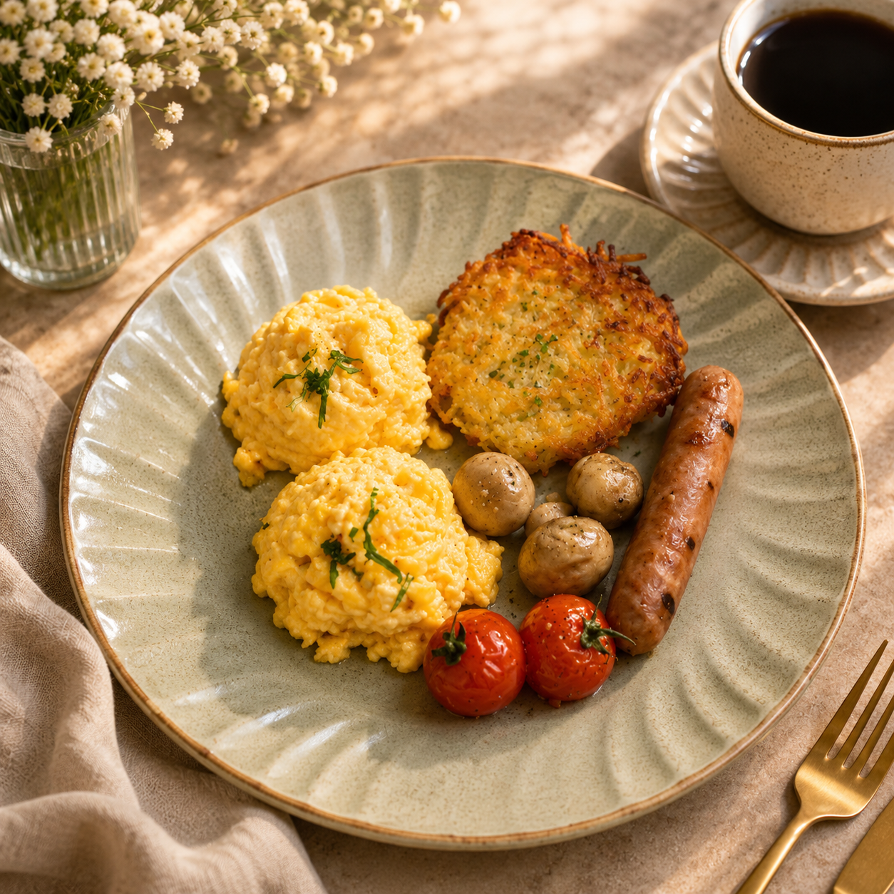 Scrambled Eggs, Vegetarian Sausage, Hash Brown, Tomato & Mushrooms