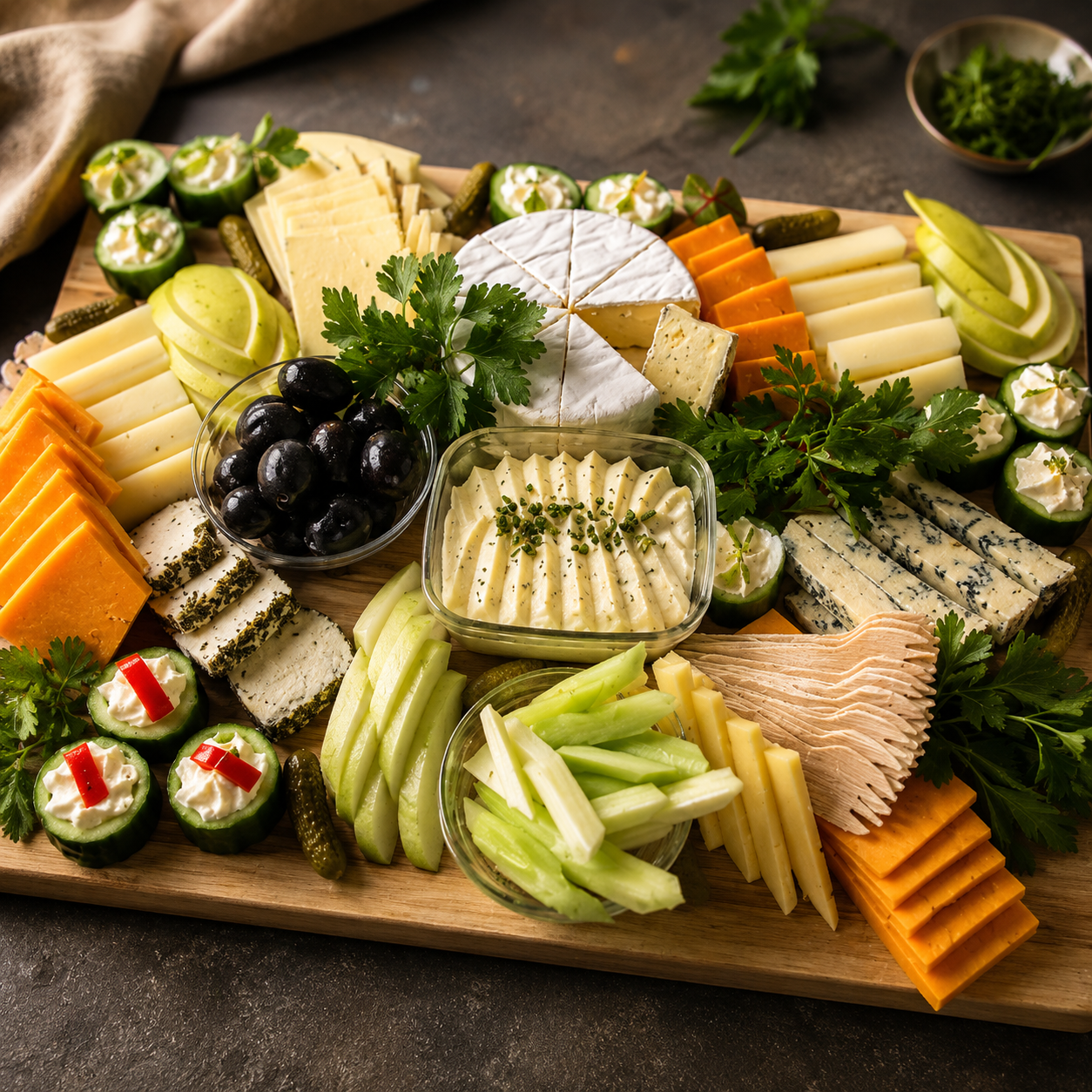 Cheese Platter on wooden board (to include 10 packs of melba toast and 10 packs of saltine crackers on the side)
