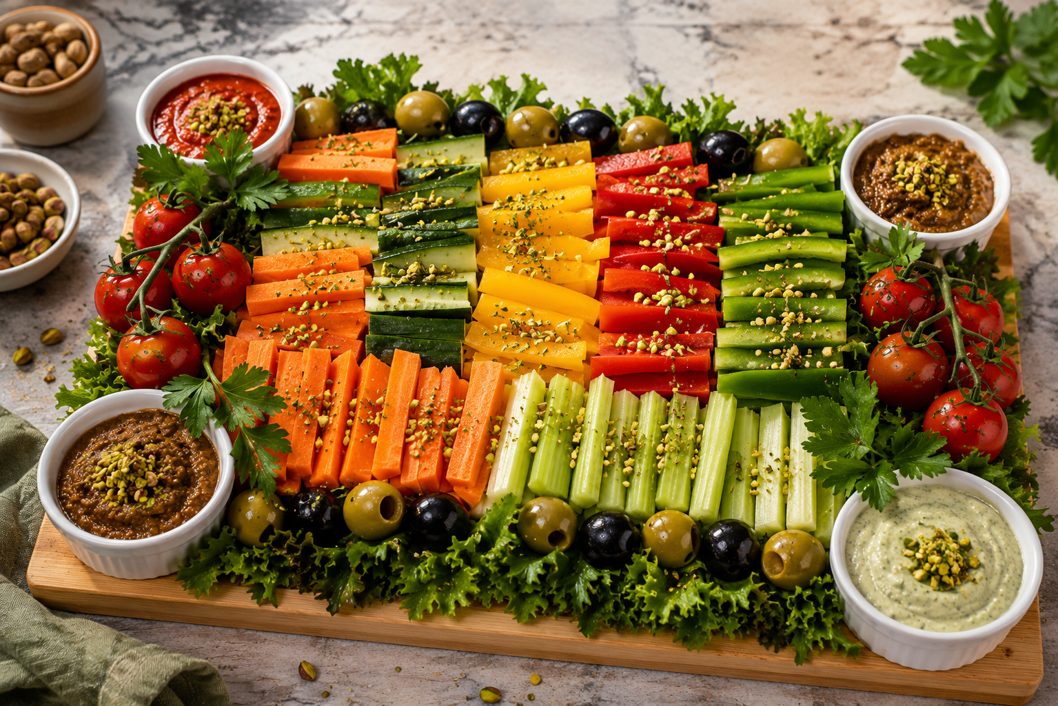 Vegetable crudite platter on wooden board