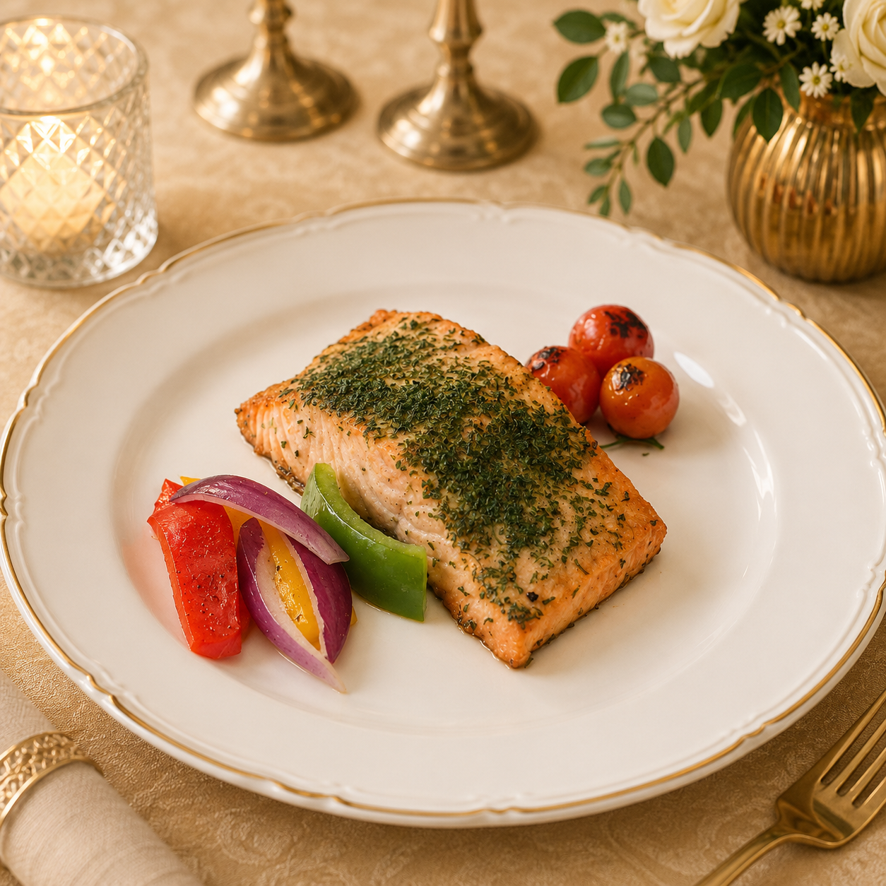 Grilled salmon in herb and lemon sauce