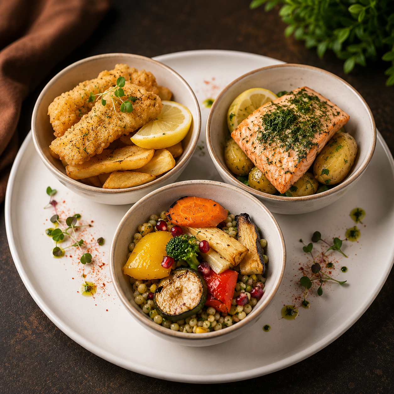 Grilled Salmon on bed of New potatoes, Fried Haddock Goujons on bed of Fat chips & Grilled Mediterranean Vegetables on bed of Couscous