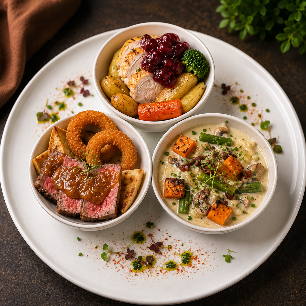 Roast Turkey with trimmings, Slithers of Beef Steak on a bed of Potato Wedges served with Fried Onion Rings & Vegetarian Ravioli with Mushroom Sauce