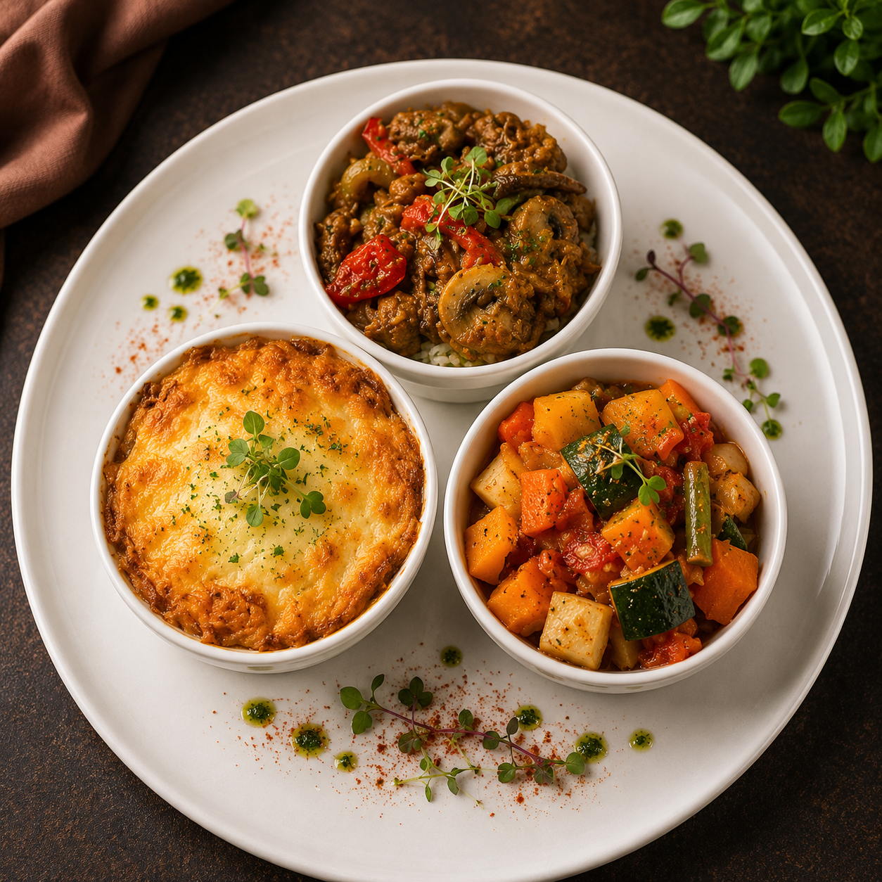 Shepherds Pie, Moroccan chicken on bed of Couscous & Vegetable Casserole on bed of Rice
