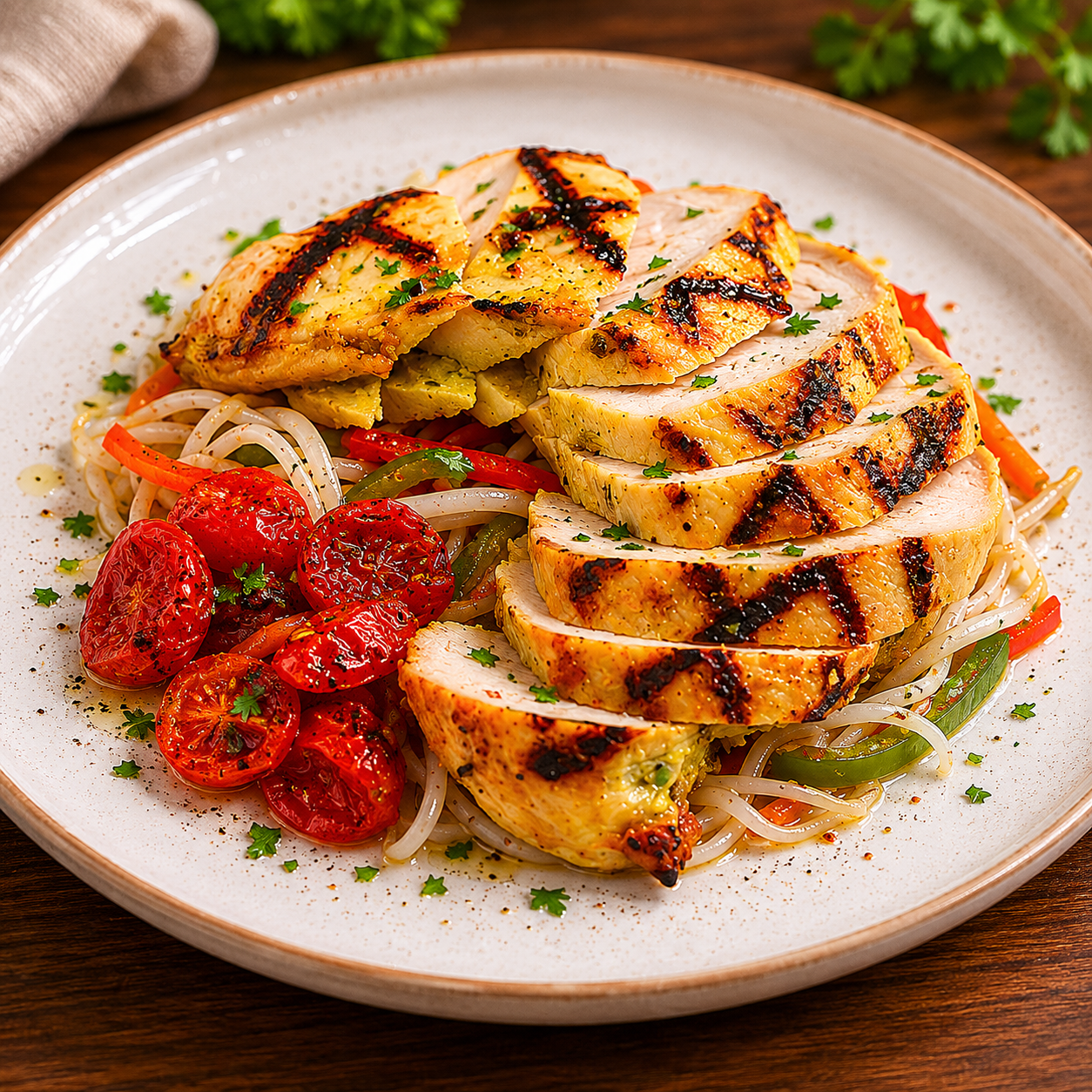 Grilled Chicken Breast On A Bed Of Marinated Rice Noodles
