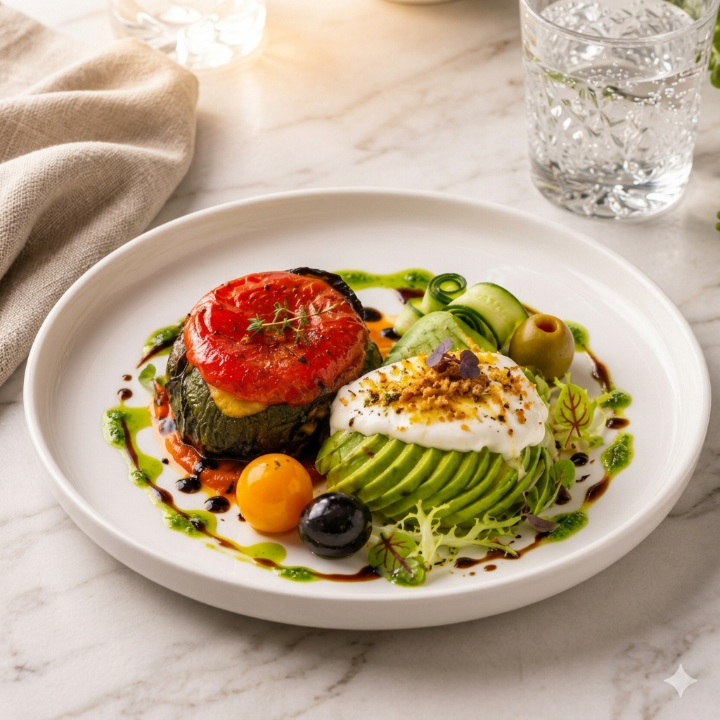 Tower of Grilled Mediterranean vegetables served with avocado and salad