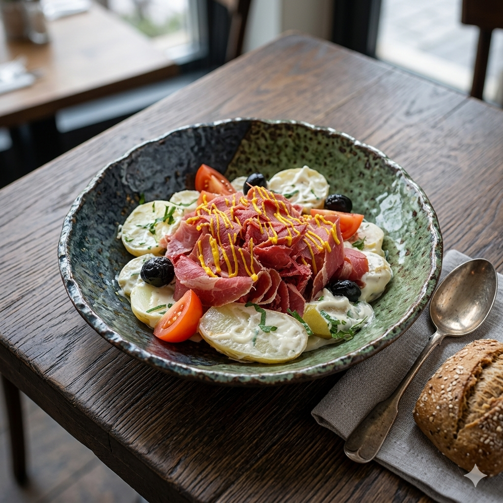 Shavings of Salt Beef salad with mustard dressing