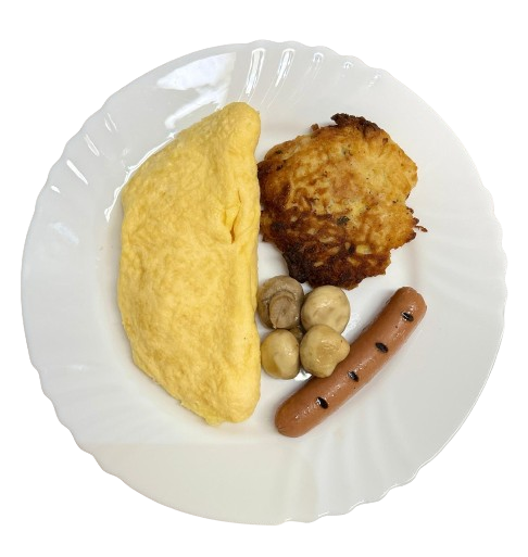 Plain Omelette, Vegetarian Sausage, Saute Mushrooms & Rosti Potatoes