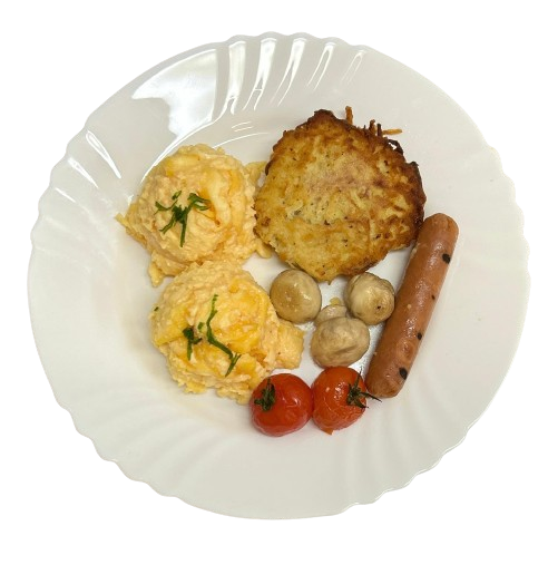 Scrambled Eggs, Vegetarian Sausage, Hash Brown, Tomato & Mushrooms