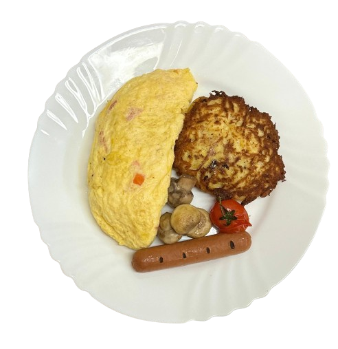 Tomato Omelette, Vegetarian Sausage, Saute Mushrooms & Rosti Potatoes