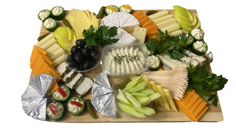 Cheese Platter on wooden board  (to include 10 packs of melba toast and 10 packs of saltine crackers on the side)