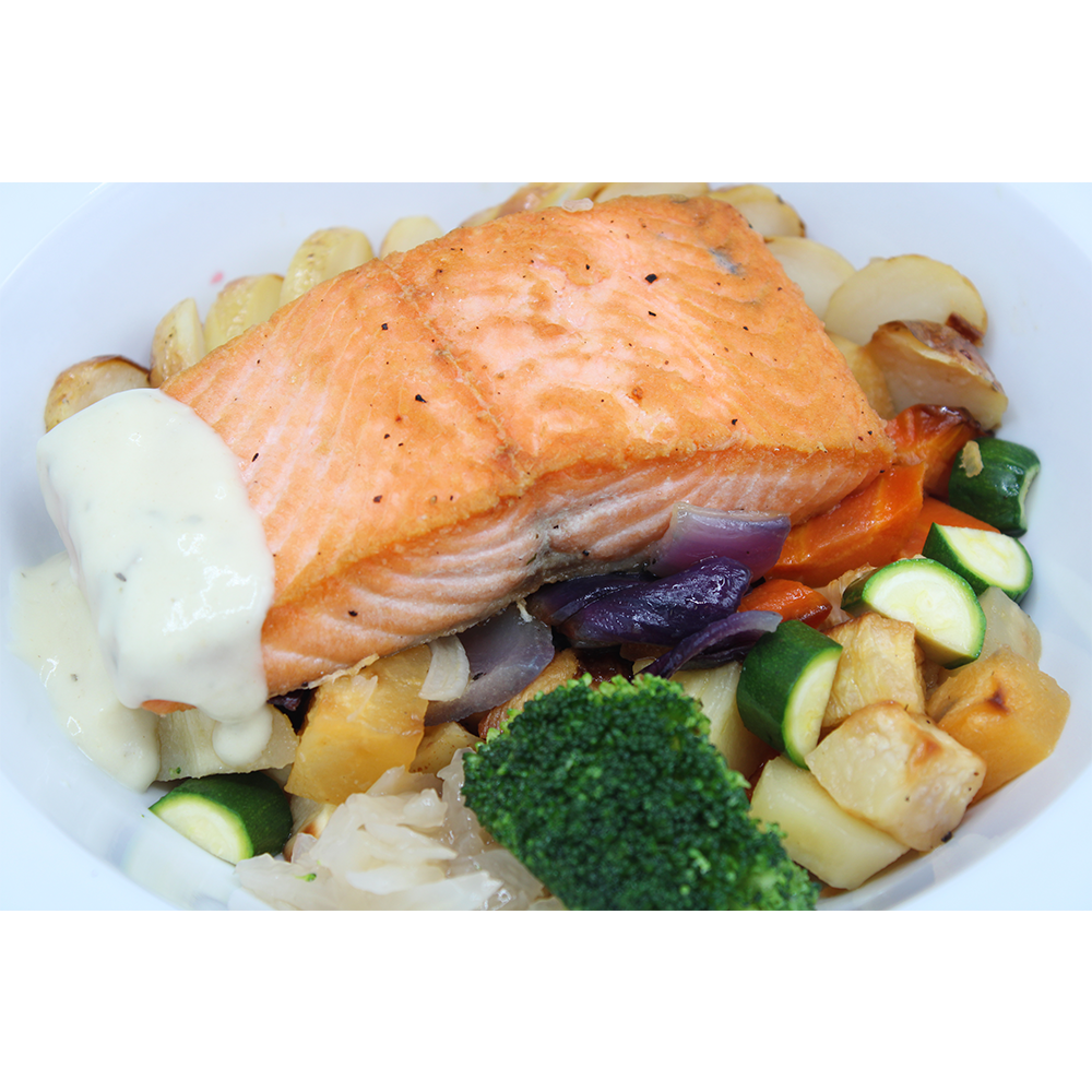 Pan Fried Peppered Salmon with a Citric Sauce served with Roasted Root Vegetables