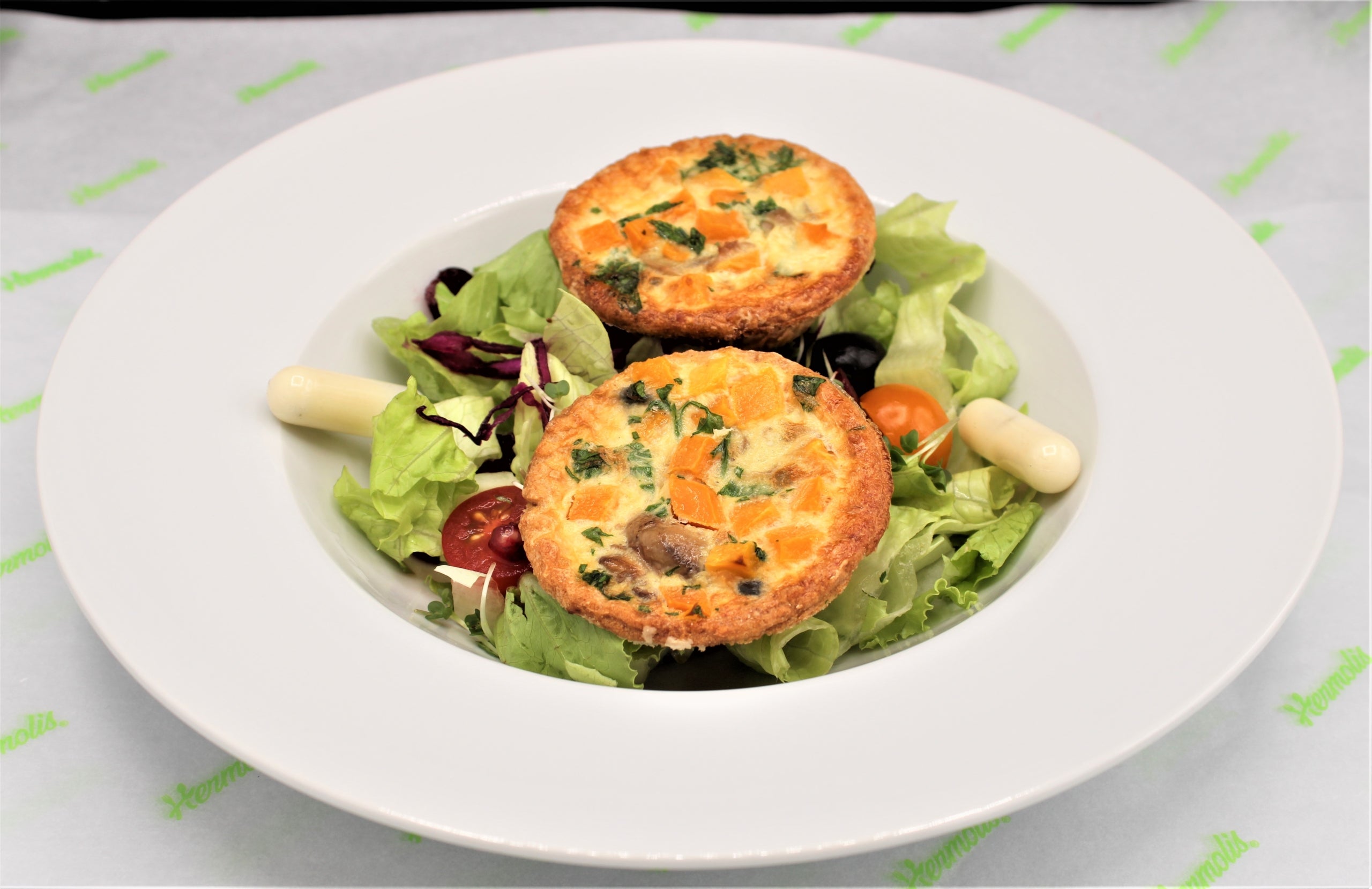 Warm Tart filled with Pumpkin, Red Onions, Mushrooms And Rosemary served with a Mixed Leaf Salad