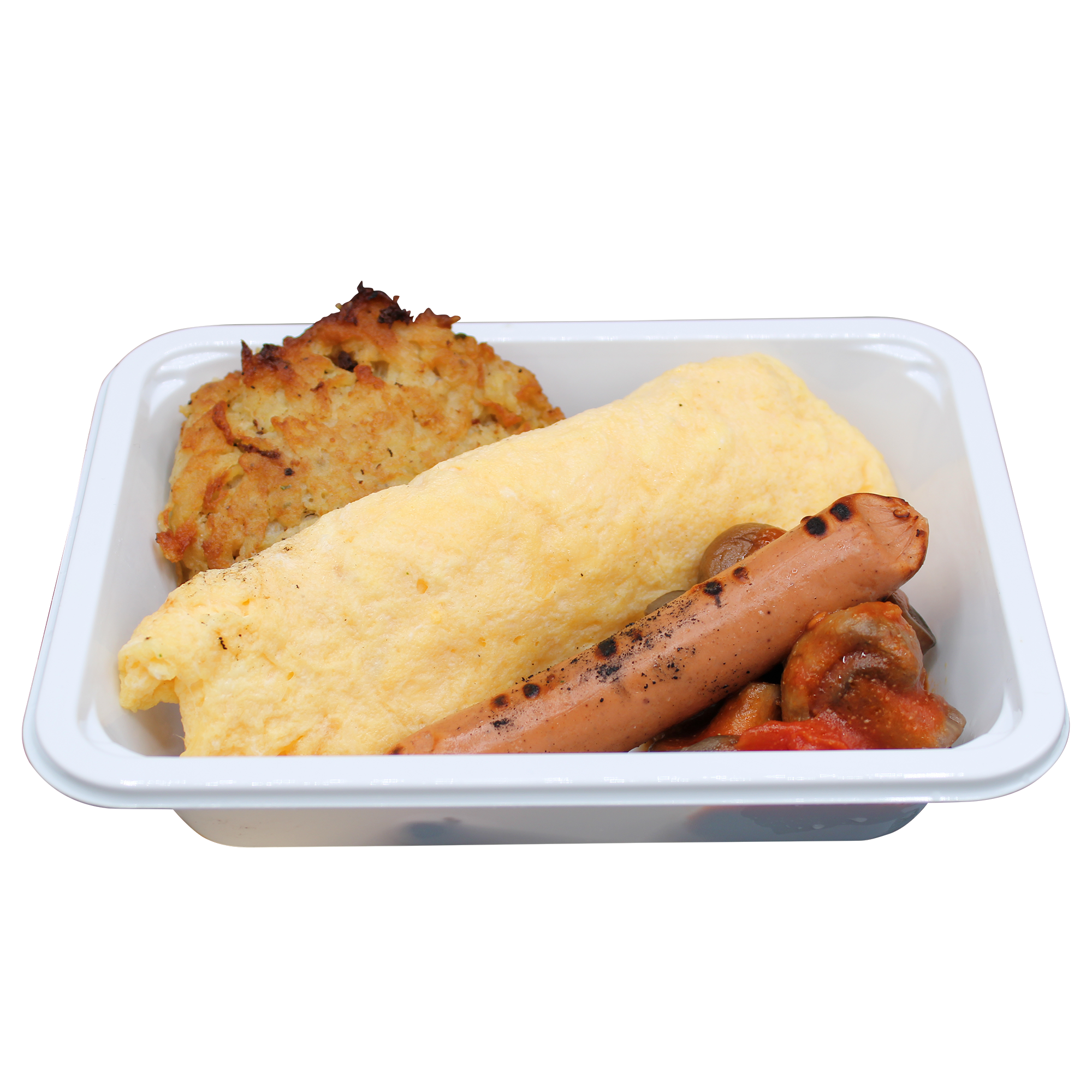 Plain Omelette, Vegetarian Sausage, Saute Mushrooms & Rosti Potatoes