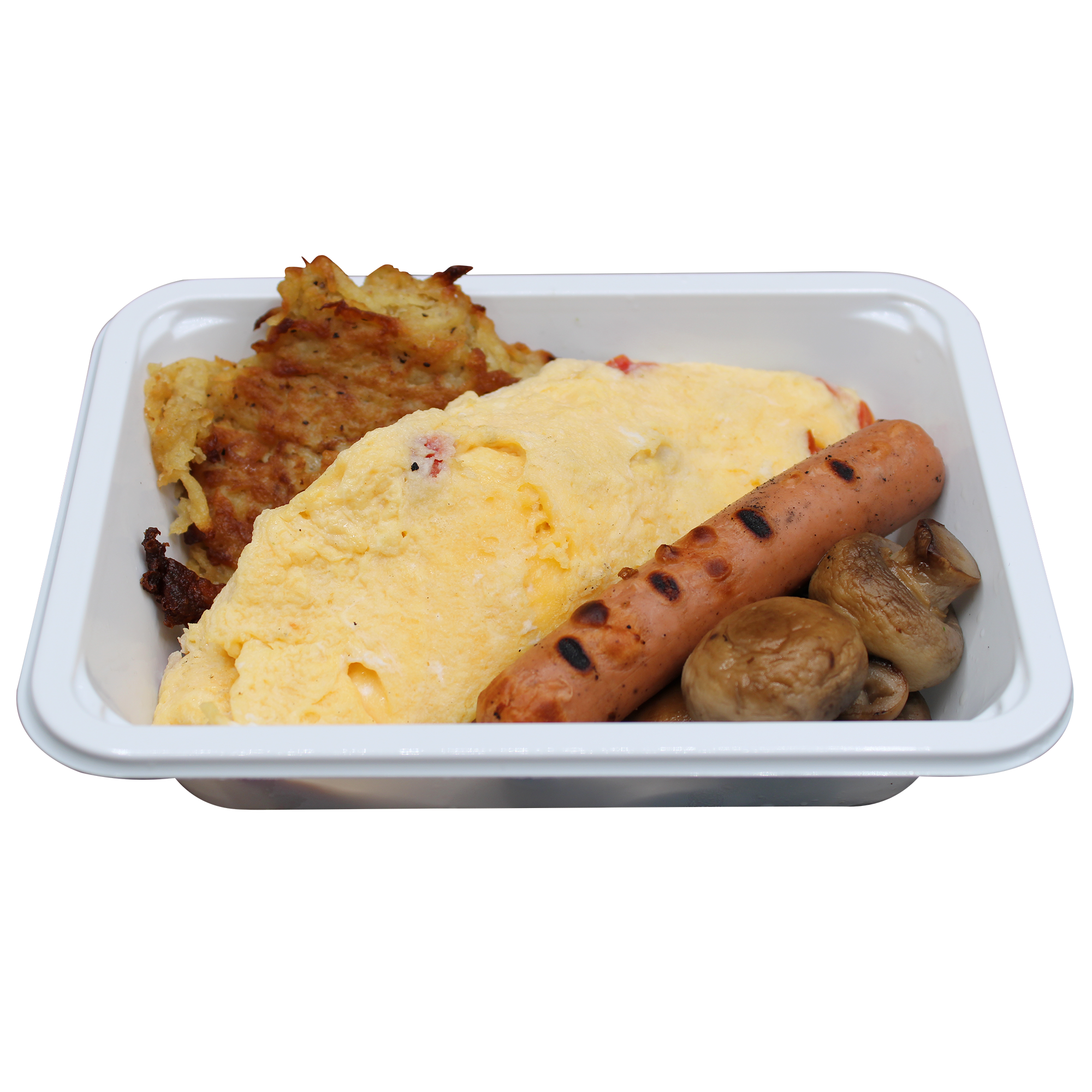 Tomato Omelette, Vegetarian Sausage, Saute Mushrooms & Rosti Potatoes