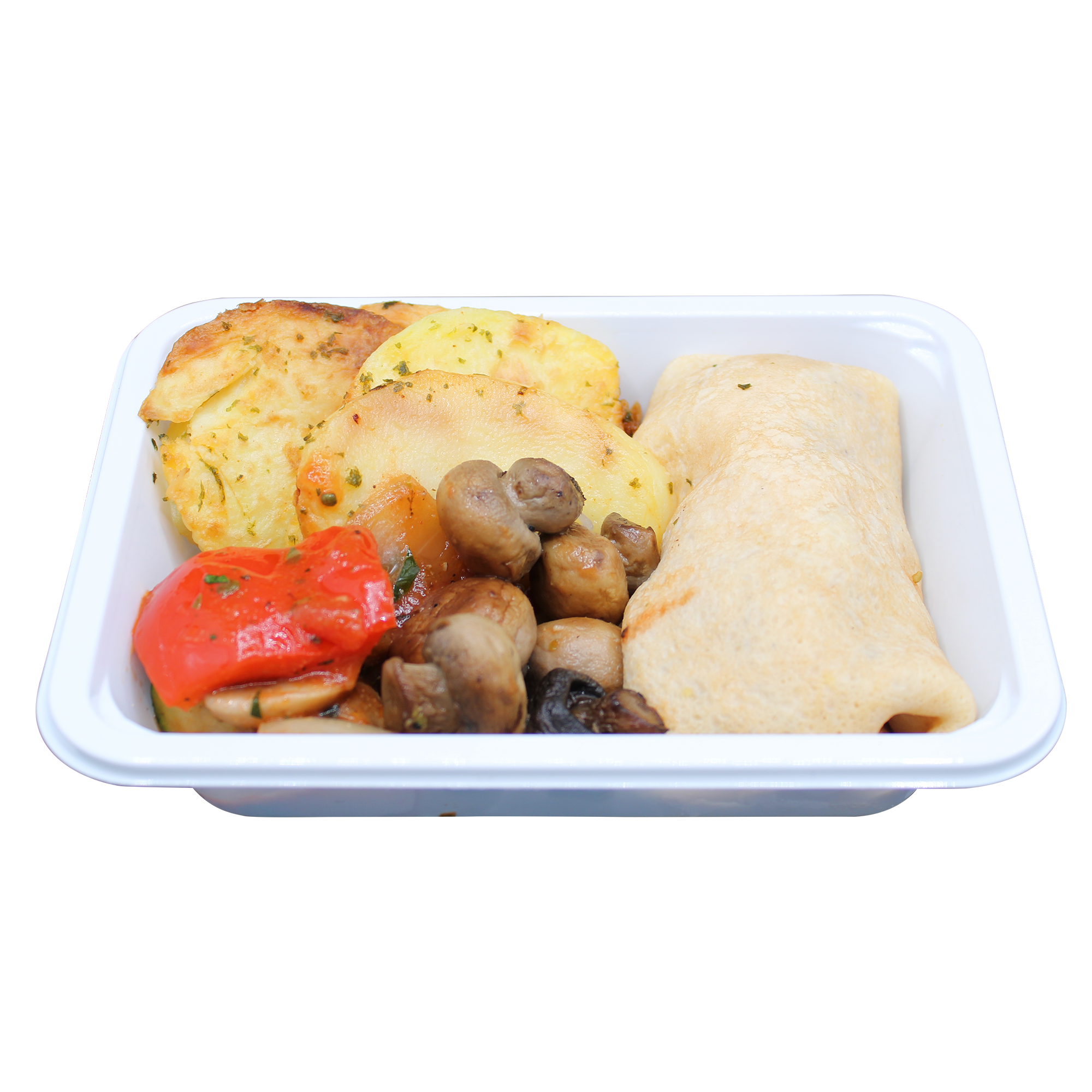 Pancake filled with Scrambled Eggs, Marniere sauce, Saute Mushrooms & Saute Potatoes