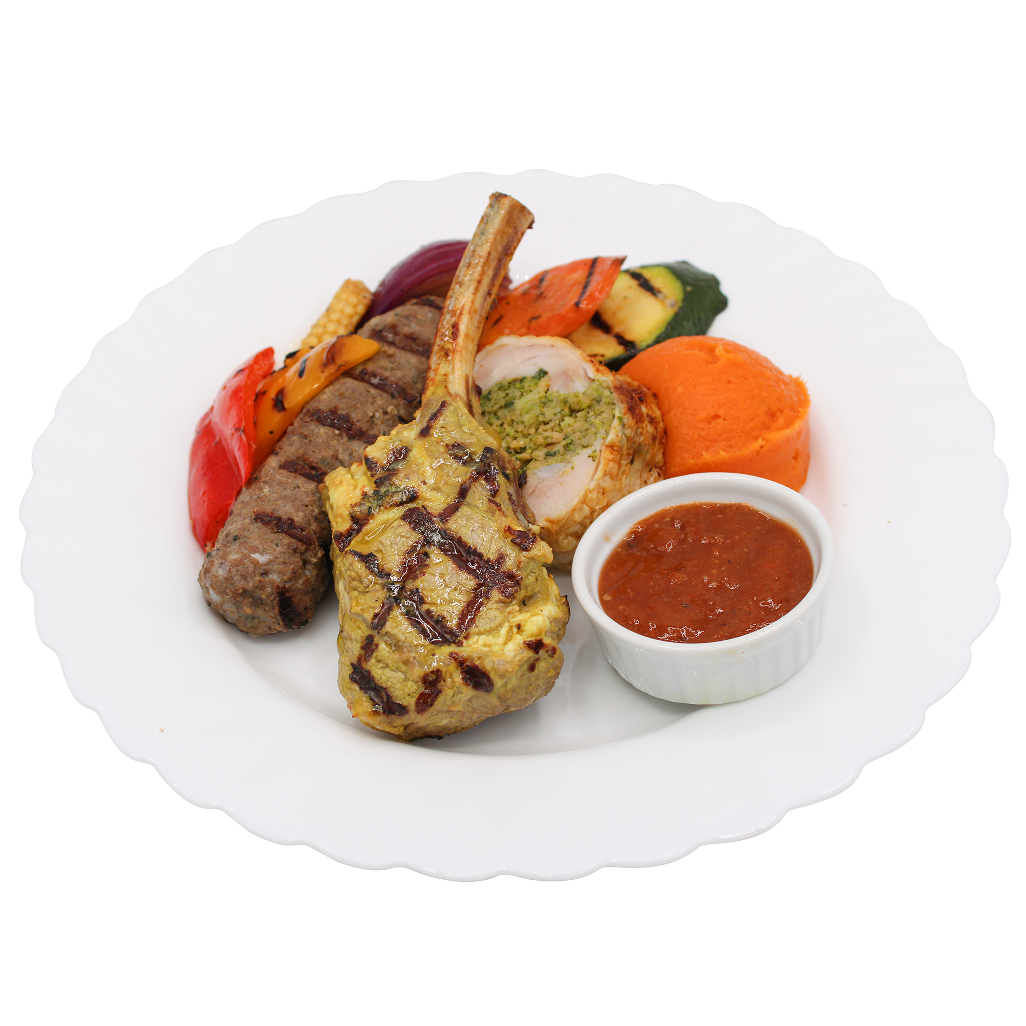Mixed Grill to include Lamb Kofta, Lamb Chop, Chicken Skewers, Chicken wings, Mini Beef Burgers and Tomato Chutney