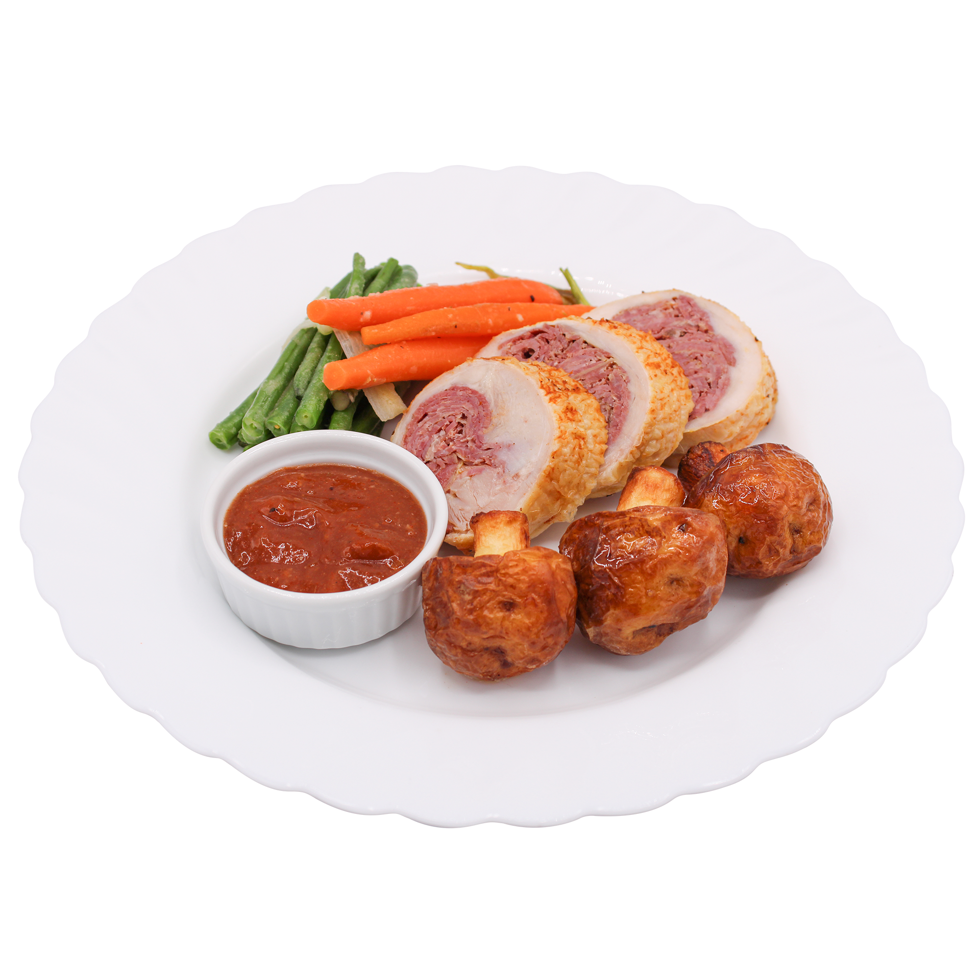 Stuffed Chicken Leg With Salt Beef & Old Fashioned Gravy, Served With Mushroom Potato , A Bundle Of French Beans & Baton Carrots