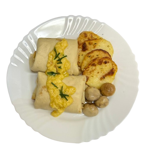 Pancake filled with Scrambled Eggs, Marniere sauce, Saute Mushrooms & Saute Potatoes