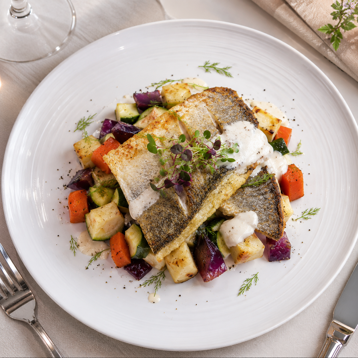 Baked Seabass Fillet with a Citric Sauce served with Roasted Root Vegetables