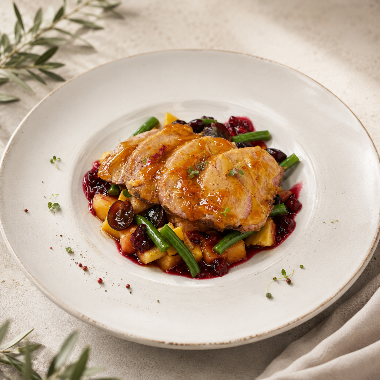 Honey Glazed Duck Breast With Exotic Fruits and a Mixed Leaf Salad