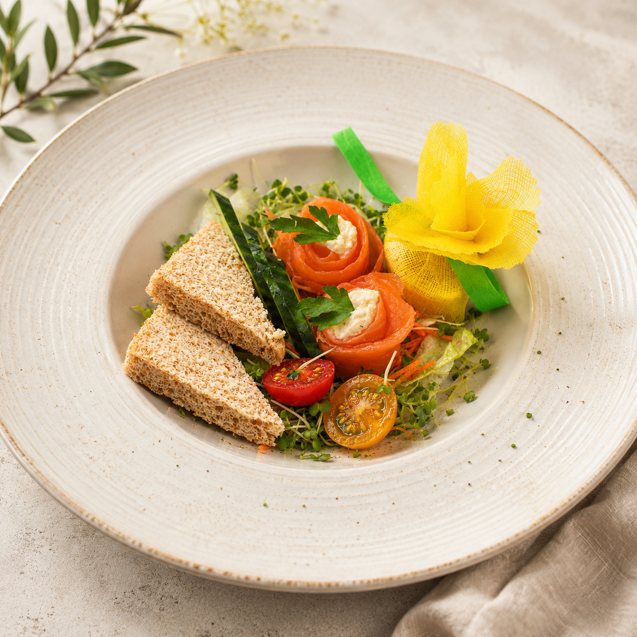 Rosettes of Smoked Salmon Garnished with Capers , Served on a Bed of Mixed Leaf Salad With Horseradish & Brown Bread