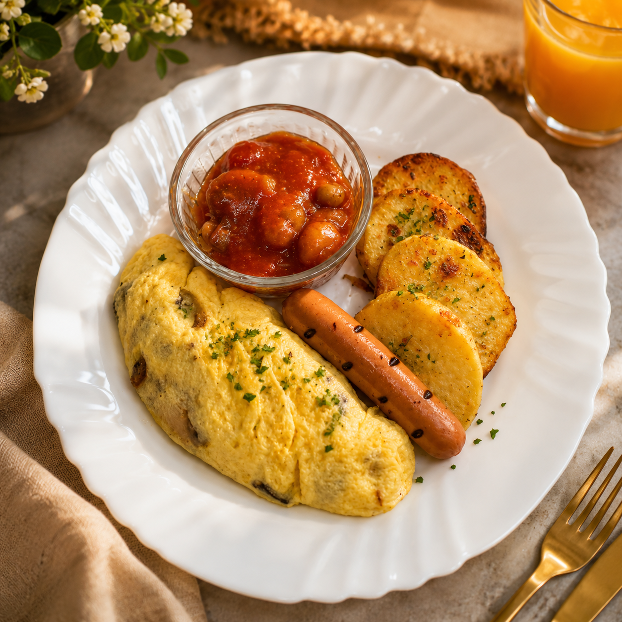 Mushroom Omelette, Vegetarian Sausage, Mushroom Ragout & Saute Potatoes