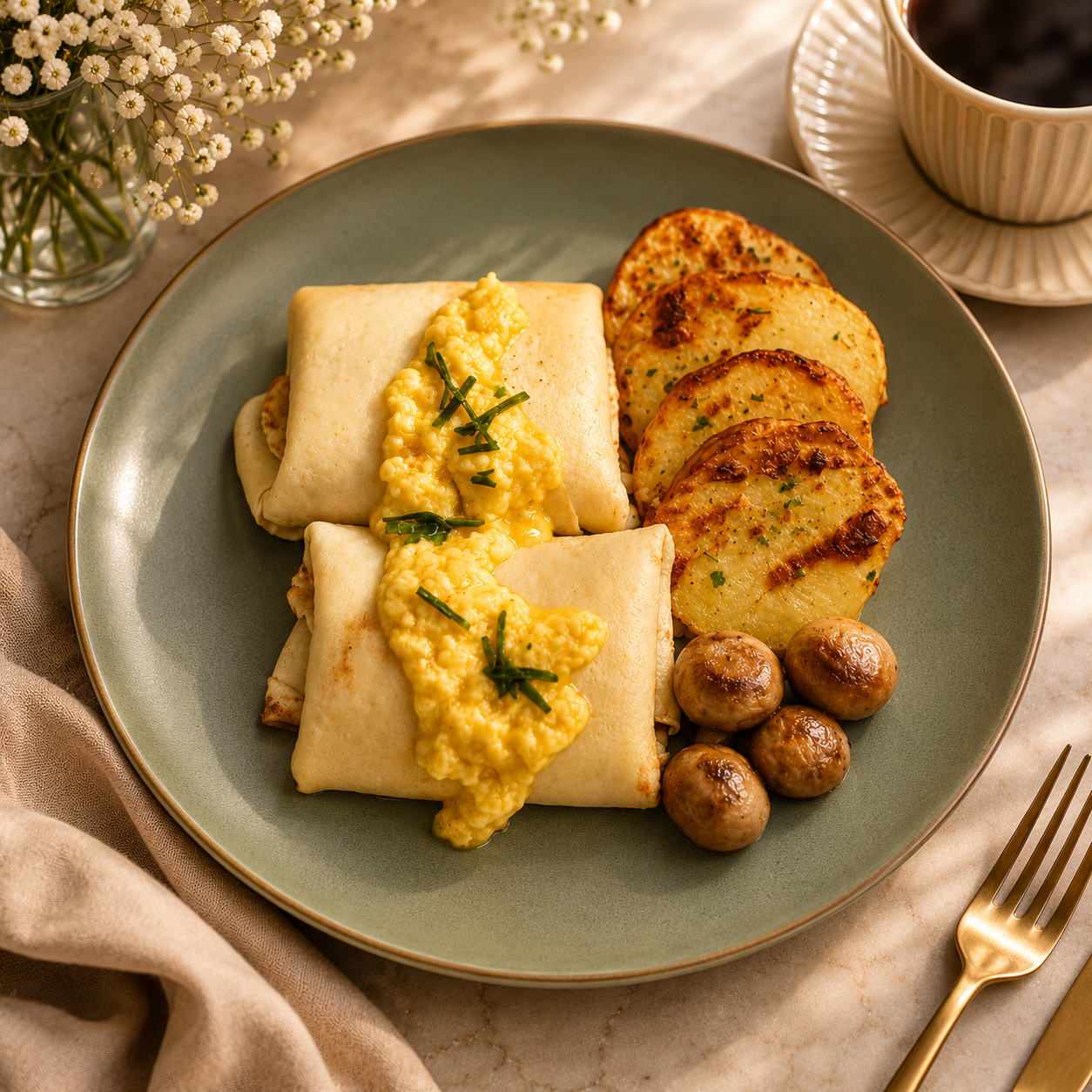 Pancake filled with Scrambled Eggs, Marniere sauce, Saute Mushrooms & Saute Potatoes