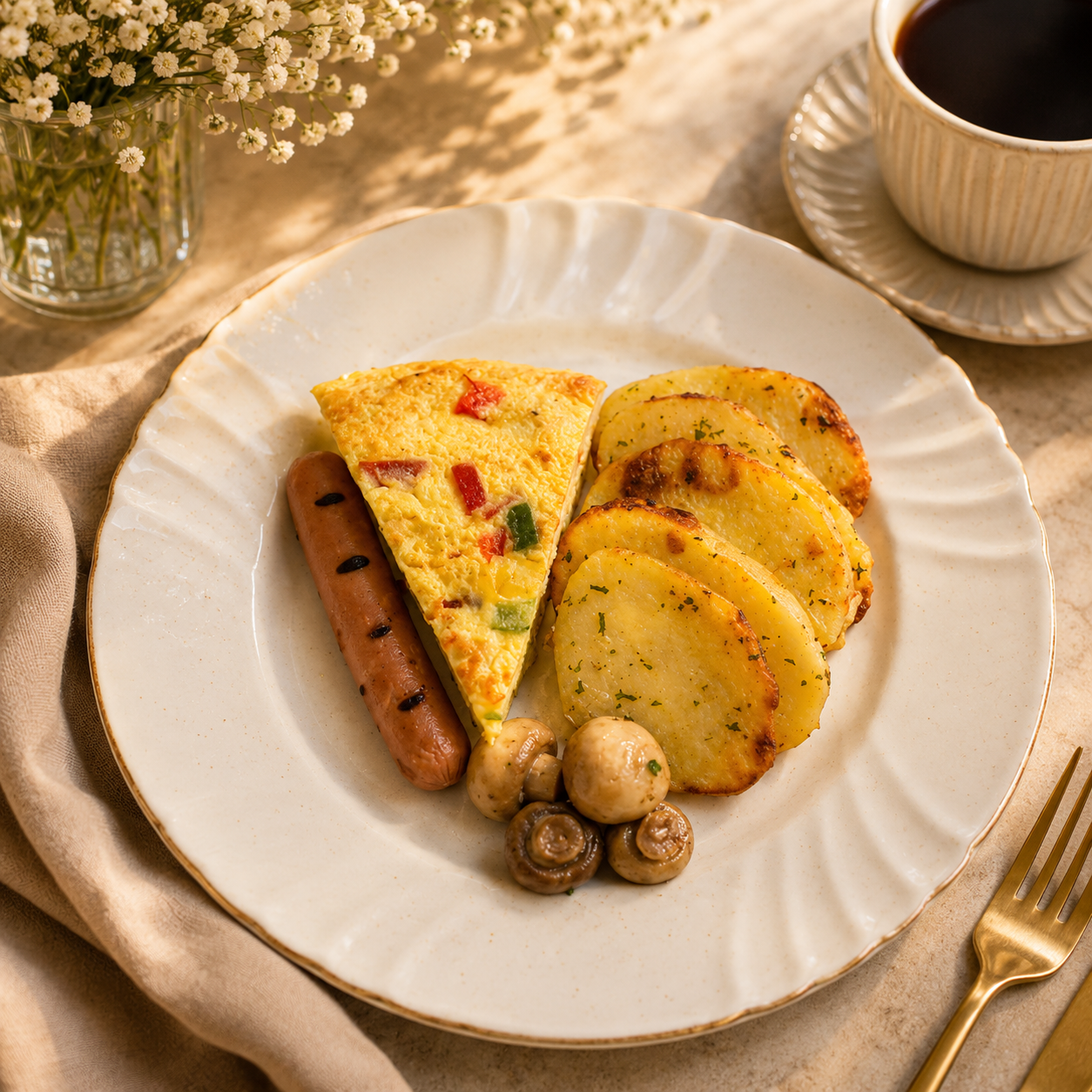 Pepper Frittata, Vegetarian Sausage, Saute Mushrooms & Saute Potatoes