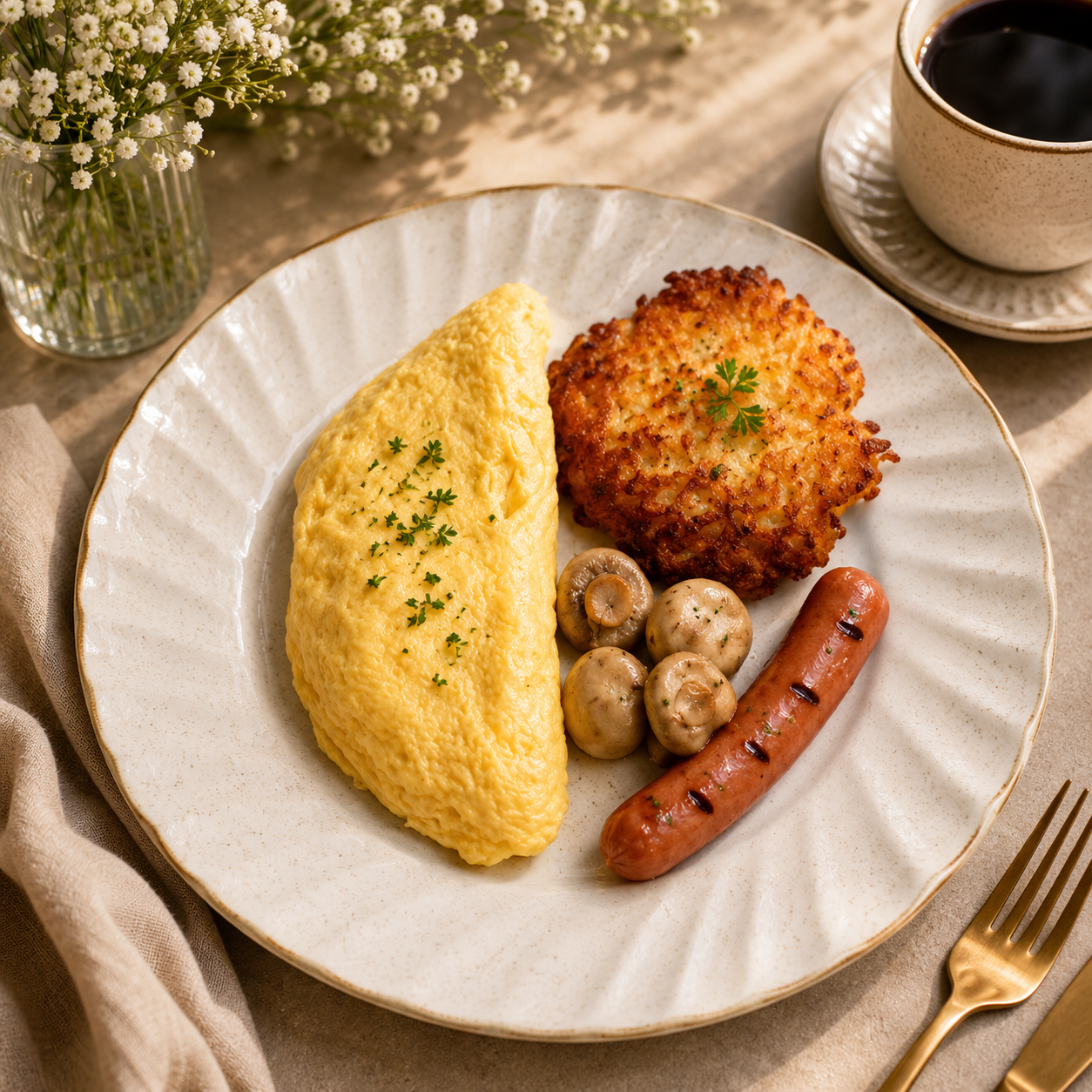 Plain Omelette, Vegetarian Sausage, Saute Mushrooms & Rosti Potatoes
