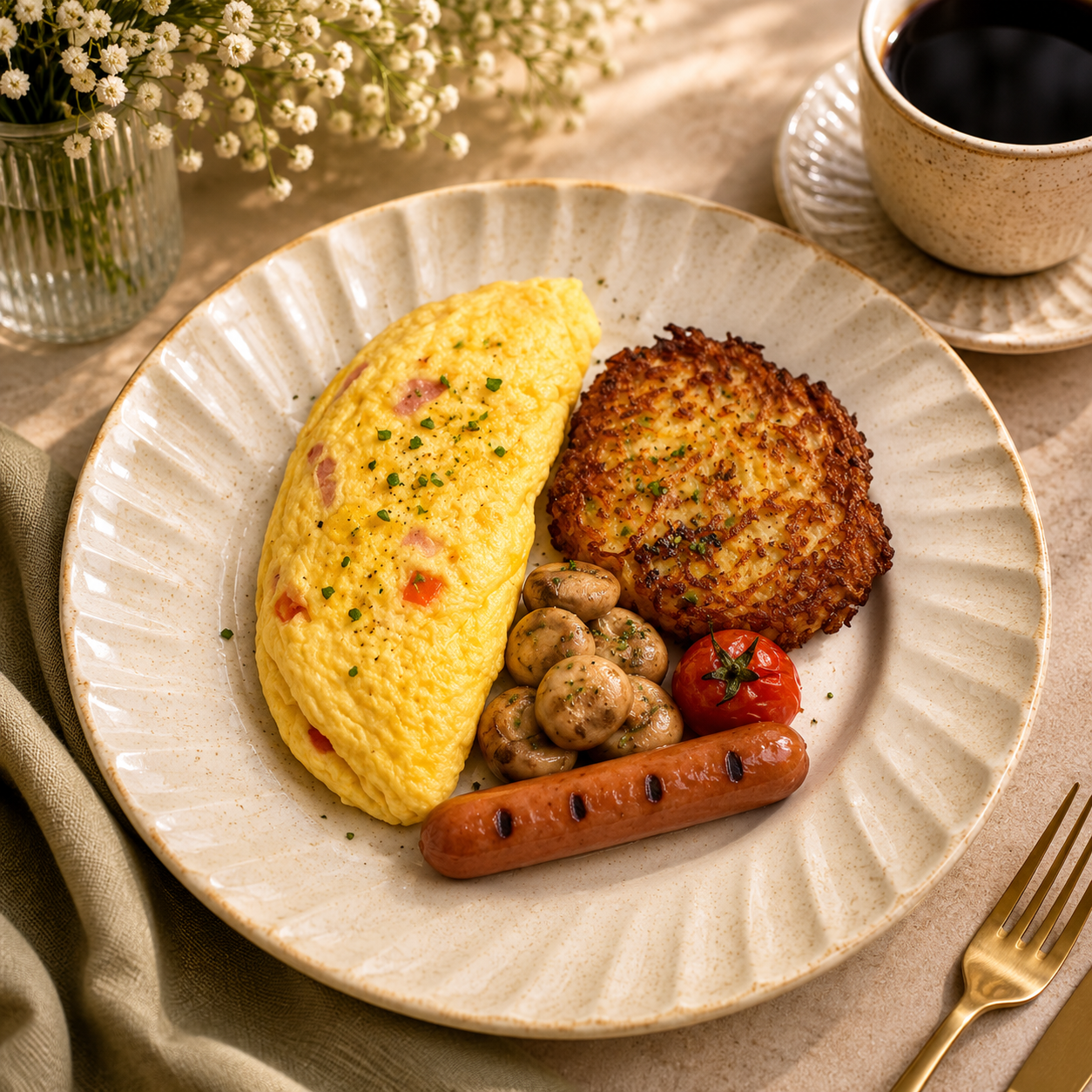 Tomato Omelette, Vegetarian Sausage, Saute Mushrooms & Rosti Potatoes