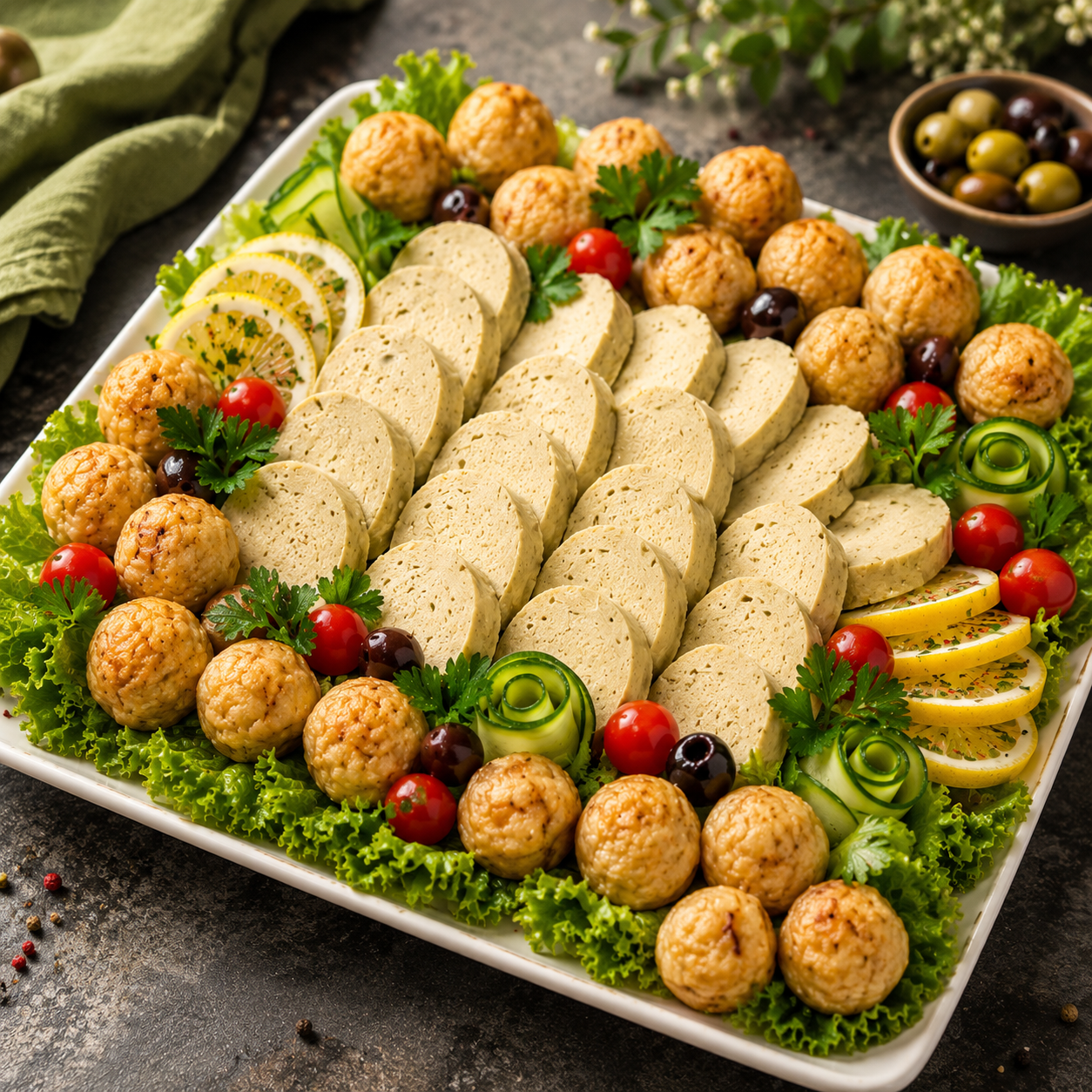Gefilte Fish and Fried Fishballs on a platter