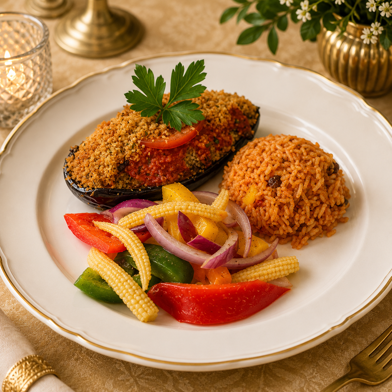 Breaded Stuffed Aubergine with tomato and vegetable concasse
