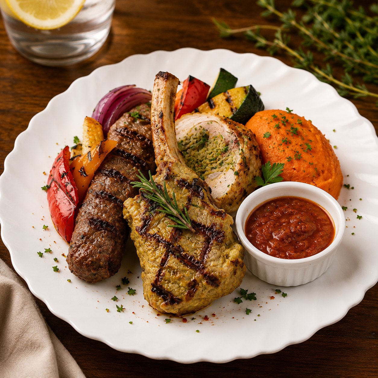Mixed Grill  to include Lamb Kofta, Lamb Chop, Chicken Skewers, Chicken wings, Mini Beef Burgers and Tomato Chutney
