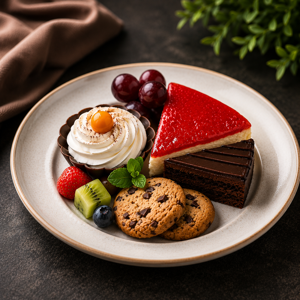 Pareve Cheesecake, Chocolate Brownie with Cream in Shell, Chocolate Chip Cookies