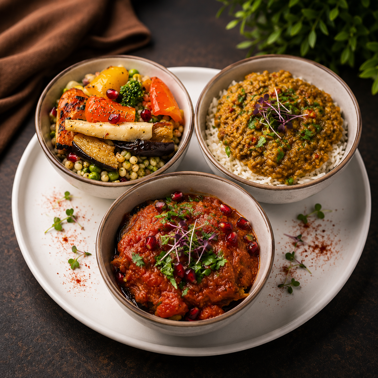 Vegetable Moussaka, Vegetarian Dhal on bed of Rice & Grilled Mediterranean Vegetable on bed of Couscous
