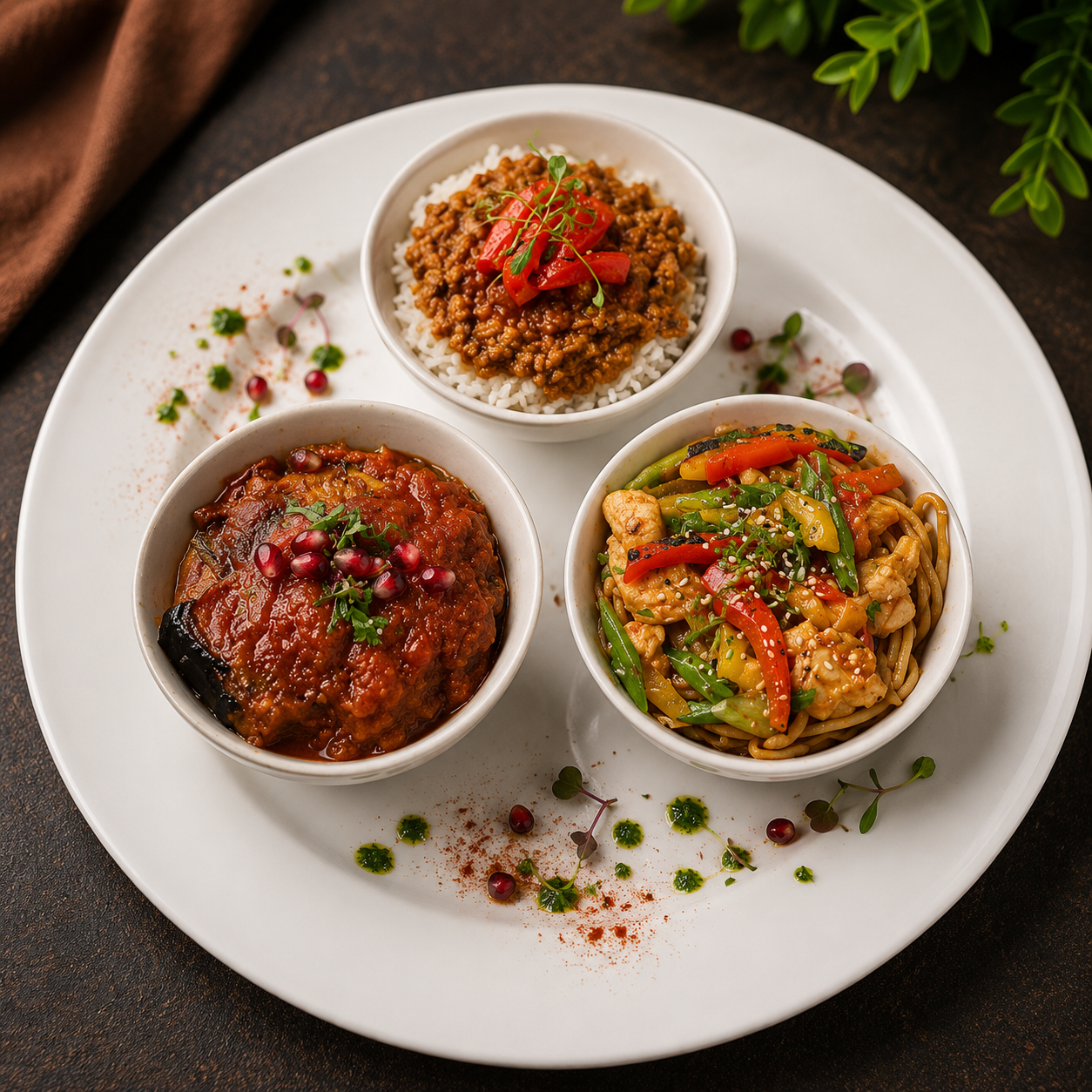 Beef chilli on bed of Rice, Stir fried Chicken on bed of Noodles & Vegetable Moussaka