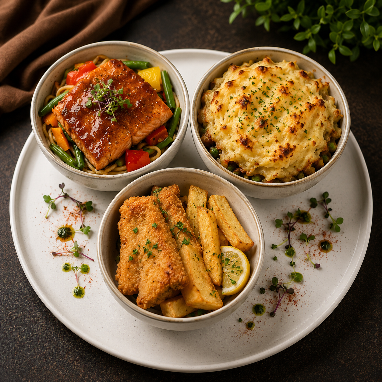 Teriyaki Salmon fillet served on bed of Noodles, Fishermans Pie & Fried Haddock Goujons on bed of Fat chips