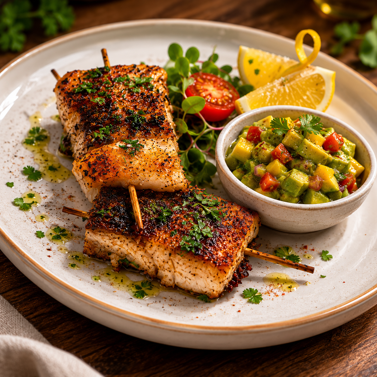 Cajun & Lime Salmon Kebab x 2 with Ramekin of Avocado Salsa
