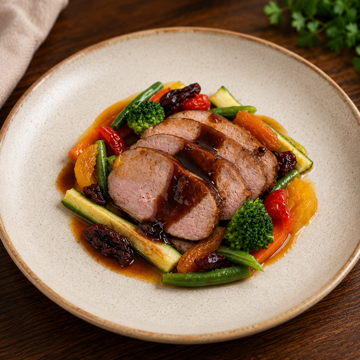 Pan Fried Duck Salad, Garnished With Cranberry Sauce & French Beans