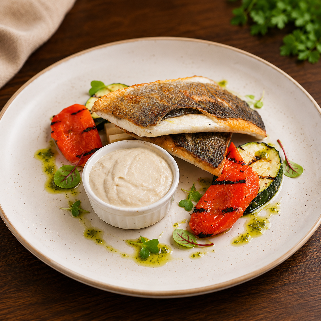 Pan Fried Sea Bass In Salsify & Tahini Sauce