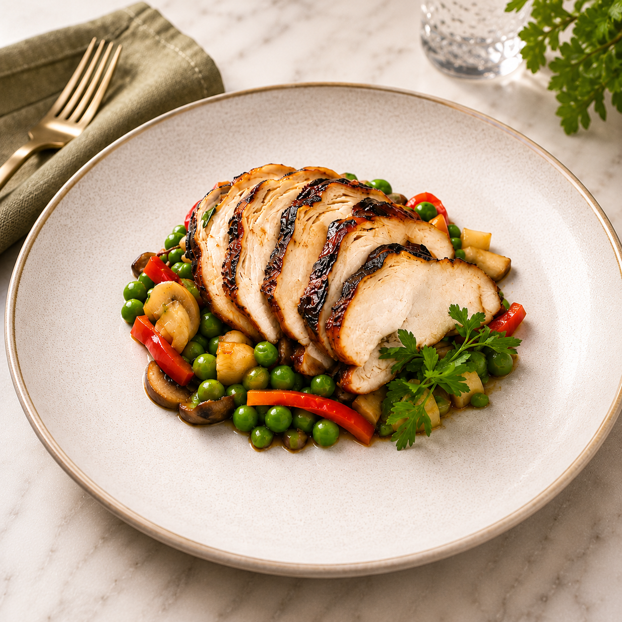 Teriyaki Chicken on a bed of Mushroom & Pea salad